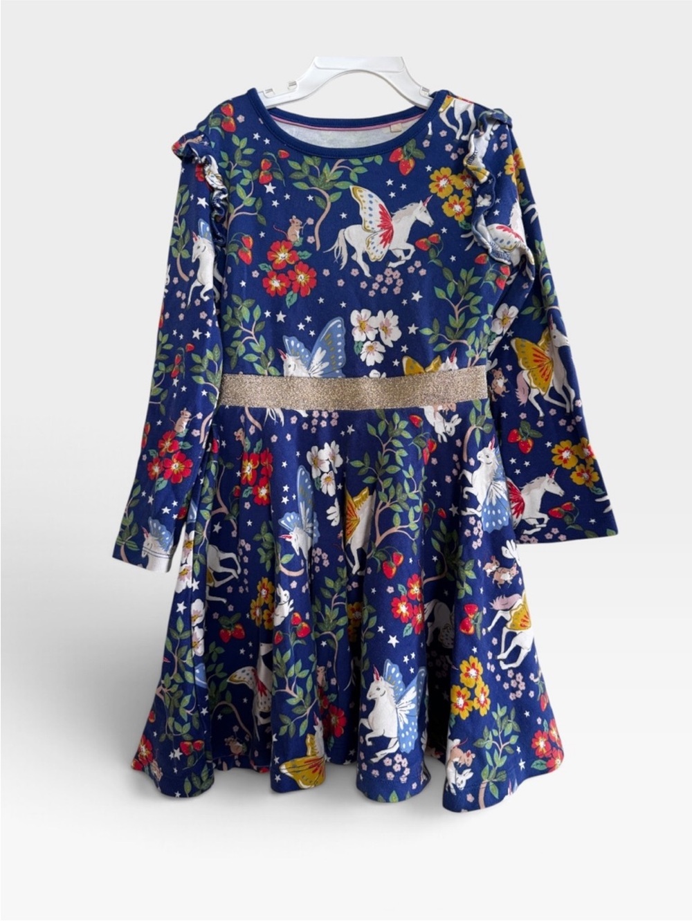 Mini Boden Mabel Fantasy Long Sleeve Twirly Dress Blue Enchanted Unicorn Whimsy